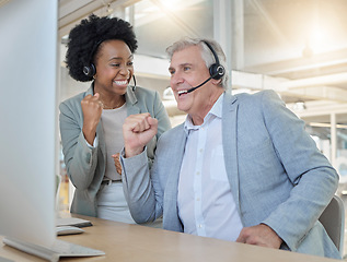 Image showing Call center, teamwork and black woman with man celebrate achievement at winning help desk for support. Customer service team at office, happy and excited advisory agency and celebration of diversity.