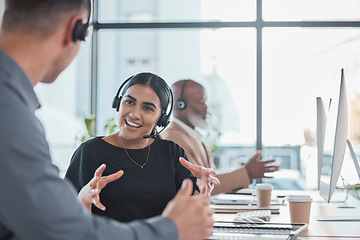 Image showing Break, teamwork or people in call center talking in communications company workplace together. Crm customer services, help desk or happy sales agents, consultants or friends relax and chat in office