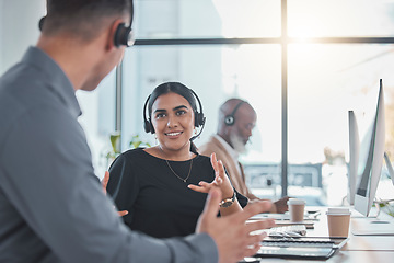 Image showing Telemarketing, teamwork or people in call center talking in communications company workplace together. Crm customer services, help desk or happy sales agents, consultants or friends chat in office