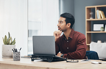 Image showing Thinking, laptop and business man in office contemplating, planning or decision making. Idea, thoughts and pensive professional, problem solving or looking for solution to work project in workplace.