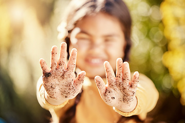 Image showing Dirt soil hands, girl child and gardening mockup with blurred background with smile, happiness and outdoor. Kid, garden development and backyard for sustainability, learning and ecology for growth