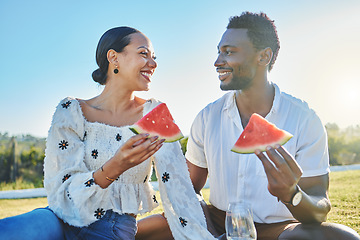 Image showing Watermelon, love or black couple on a picnic to relax on a summer holiday vacation in nature or grass. Partnership, romance or happy black woman enjoys traveling or bonding with a funny black man