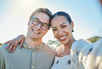 Image showing Selfie, love and portrait of couple in park for quality time on weekend, holiday and vacation in summer. Dating, nature and interracial man and woman taking photo for affection, bonding and romance