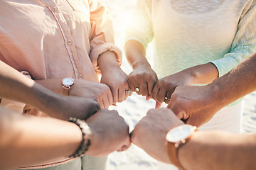 Image showing Group of people fist bump together for teamwork, community support and collaboration with outdoor games. Circle of friends closeup with power, collaboration and solidarity hand sign for power