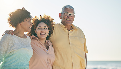 Image showing Family, parents and adult daughter, travel and vacation at beach, love and care outdoor with smile and freedom. Support, unity and happiness, old man and women by the ocean on holiday in Australia