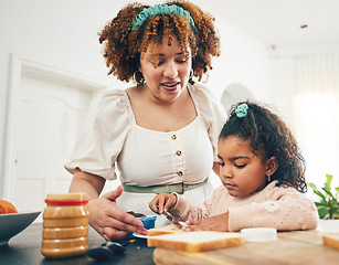 Image showing Love, breakfast food and black family child, mother or people eating meal, bonding and prepare ingredients. Morning cooking, kitchen counter or hungry mom with young kid making peanut butter sandwich