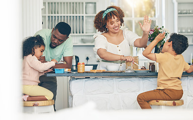 Image showing Love, morning breakfast food and black family children, mother and father eating meal, bonding and prepare ingredients. High five, home kitchen or hungry mom, dad and young youth kids happy for lunch