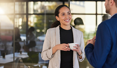 Image showing Coffee, happy and business people talking in office building, relax and happy while chatting. Team, woman and man enjoying conversation, break and sharing idea, plan or networking in the morning