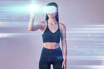 Image showing Cyber light, vr or woman in metaverse on studio background digital gaming on cyber sports for fitness. Smile, hand touch or virtual reality user or girl gamer in futuristic 3d ai scifi experience