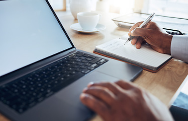 Image showing Hands, laptop and man writing notes for business schedule, office administration and reminder. Closeup worker, computer planning and notebook of ideas, information and strategy planner at table