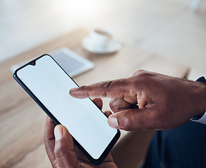 Image showing Man, hands and mockup smartphone screen for marketing space, online app or digital website. Closeup, mock up mobile and cellphone technology for search, social media and advertising placeholder