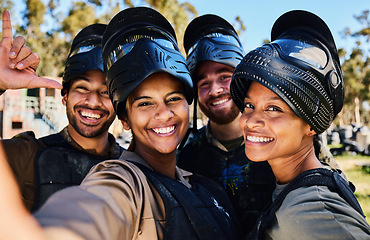 Image showing Paintball, selfie or portrait of friends smile in military training with happy profile pictures in forest together. Faces, diversity or funny army people in photo after group games in target practice