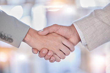 Image showing Handshake, partnership and deal with business people in office for meeting, contract and opportunity. Agreement, job promotion and teamwork with employee shaking hands for welcome, hello and b2b