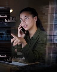 Image showing Phone call, overlay and finance with a business woman using an ai or 3d dashboard to access a global network. Data, accounting and digital with a fintech employee doing internet research to invest