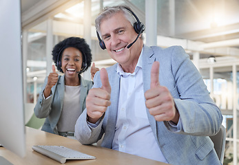 Image showing Customer support, thumbs up and portrait of happy employees with headset in consulting office. Help desk, smile and mature man with black woman at advisory agency for networking online at call center
