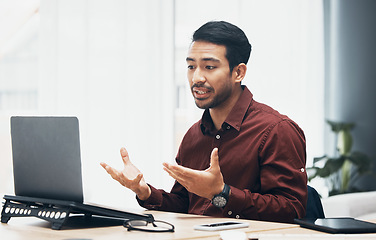 Image showing Video call, laptop and business man in office talking, chatting or speaking. Webinar, online meeting and serious male professional with computer for virtual conference, discussion and conversation.