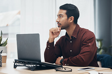 Image showing Laptop, thinking and business man in office contemplating, planning or decision making. Idea, thoughts and pensive professional, problem solving or looking for solution to work project in workplace.