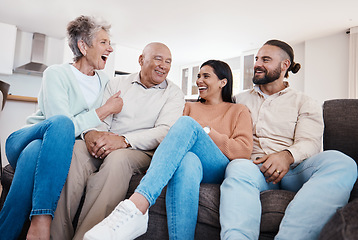 Image showing Parents, couple and happy family bonding in a home or house together spending quality time sitting on a couch or sofa. Elderly, holiday and people relax and visit on vacation being carefree