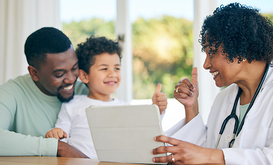 Image showing Pediatrician, father and child with thumbs up from patient results on a tablet with good news. Happy kid, dad and doctor in a clinic consultation office with a healthcare worker and smile in hospital