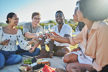 Image showing Toast, nature or friends on a picnic to relax on holiday vacation to celebrate diversity or freedom. Cheers, wine and people with a happy smile, support or love in celebration of birthday or reunion