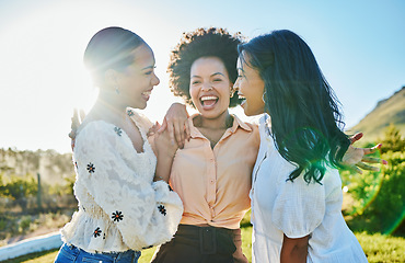 Image showing Friends, happy and women hug outdoor in nature, travel and adventure with lens flare, day out in the sun for summer holiday. Happiness, care and together with love and bonding on vacation in Brazil.