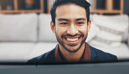 Image showing Work from home, happy man and computer for remote job opportunity, smile for video call or business communication. Professional asian person or freelancer worker working online with career happiness