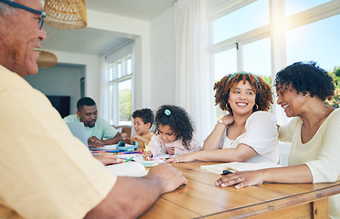 Image showing Senior family talking, bonding and teaching children for home education, holiday fun and happy conversation. Biracial people or grandparents chat or having discussion of kids learning development