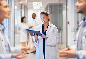 Image showing Happy woman doctor on tablet for employees management, hospital workflow and clinic staff solution on software or app. Healthcare manager on digital tech for medical team research or problem solving