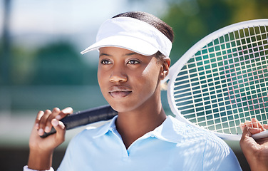 Image showing Thinking, tennis sports and black woman on court outdoors for match, game or competition. Training face, idea and serious athlete with racket for exercise, practice or workout for wellness or fitness