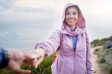 Image showing Couple holding hands, pov and hiking with smile, walking and adventure for fitness on mountain. Gen z man, woman and outdoor for travel, holiday and summer training with love, bonding and support