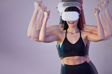 Image showing Success, vr winner or happy woman in metaverse on studio background digital gaming on cyber sports. Excited girl, fist or virtual reality user victory or gamer winning in futuristic 3d ai experience