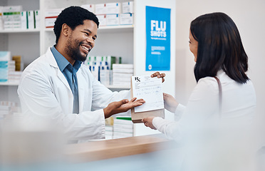 Image showing Pharmacy, counter and pharmacist with medicine for customer for wellness, drugs and medical prescription. Healthcare, clinic service and happy black man with client for medication, pills and package