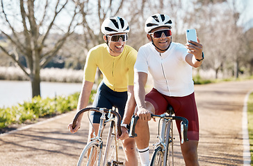 Image showing Cycling, sports and selfie with friends in park for fitness, social media and teamwork training. Health, smile and happy with portrait of men on bike in outdoors for picture, workout and adventure