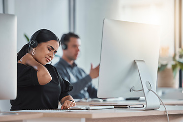 Image showing Neck pain, call center and burnout with woman in office for communication, consulting and customer service. Stress, headache and tired with employee at computer for hotline, help desk and advisory