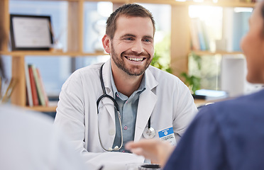 Image showing Doctor, happy man and meeting healthcare team in hospital management, medicine and leadership discussion. Medical surgeon, smile and talking to employees in collaboration, clinic and surgery planning