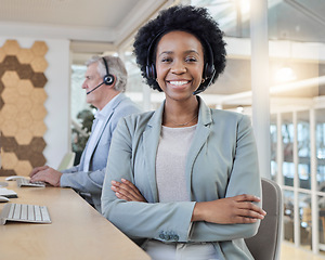 Image showing Customer, call center and portrait of confident black woman at computer with headset and smile. Happy to help, consultant at online crm office, leader at advisory agency with diversity and success.