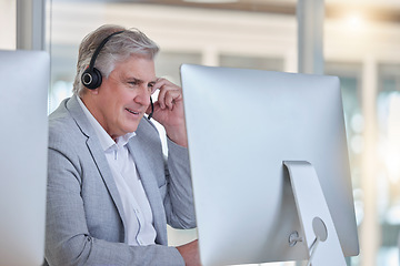 Image showing Call center, smile and senior man at computer with headset in consulting office or help desk. Ceo, life insurance sales and mature businessman at advisory agency, contact us and crm networking online