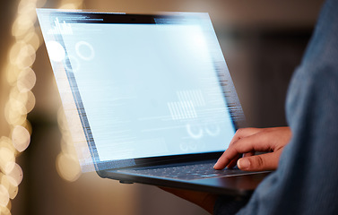 Image showing Mockup screen, typing and employee with a laptop for marketing, website and online search. Digital, business and hands of a corporate worker working on a computer for branding, logo or research