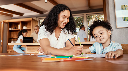 Image showing Learning, education or mom with kid drawing in book in house for studying, homework or artistic hobby. Happy family development, growth and creative baby boy or toddler with mother teaching him art