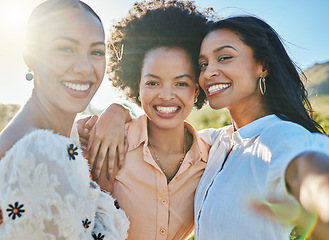 Image showing Friends, selfie and women smile in portrait with hug, freedom together outdoor and nature, happy with lens flare. Travel, adventure and happiness in picture, female friendship and fun summer holiday.