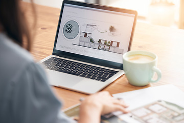 Image showing Architecture plans, laptop data and woman working on real estate and construction plan research. Engineering, building industry and property development strategy with a female writing notes at a cafe