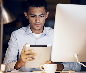 Image showing Tablet reading, night focus and business man review article for media app, website database or social network feedback. Brand copywriting, blog editor deadline and journalist editing online news post