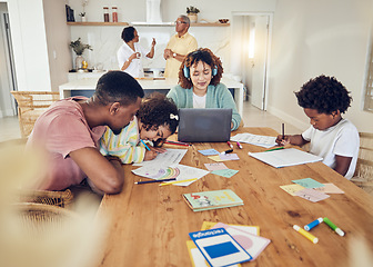 Image showing Remote work, homework and busy big family together for work, learning and conversation. Drawing, talking and parents, grandparents and children doing different activities in a house as a group