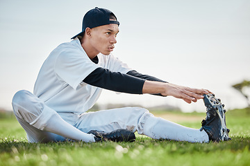 Image showing Baseball stadium, stretching or sports man on field ready for training match on a pitch or grass in summer. Softball exercise, fitness workout or young player in warm up to start playing outdoors