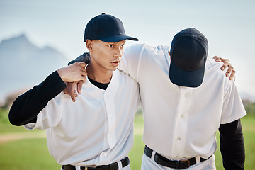 Image showing Baseball, men or sports injury help on field, grass or stadium ground in fail, fitness problem or dehydration burnout. Softball player, teamwork or stress in game loss, match or competition accident