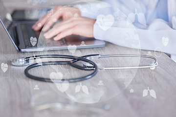 Image showing Doctor, hands and laptop with stethoscope in double exposure or global healthcare research at office desk. Hand of medical expert on computer typing in online medicare search or networking on overlay