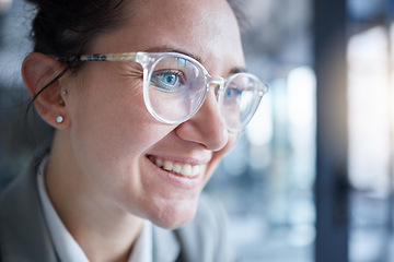 Image showing Face, happy and glasses with a business woman closeup working in the office on growth or development. Smile, vision and eyewear with a female employee at work in a corporate workplace for success