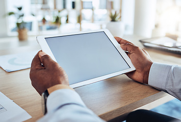 Image showing Tablet screen in hands, man in business with mockup, technology and digital device with app marketing and network. Corporate male, internet and ux with communication, branding and display