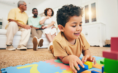 Image showing Family, happy and boy on floor with toys for playing, creative activity and having fun in living room. Education, child development and kid enjoy building blocks, games and relax with parents at home