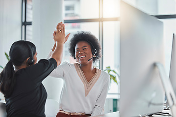 Image showing Telemarketing, high five and women with success, customer service and achievement in workplace. Female employees, consultants and agents in office, celebration for target or happiness with motivation